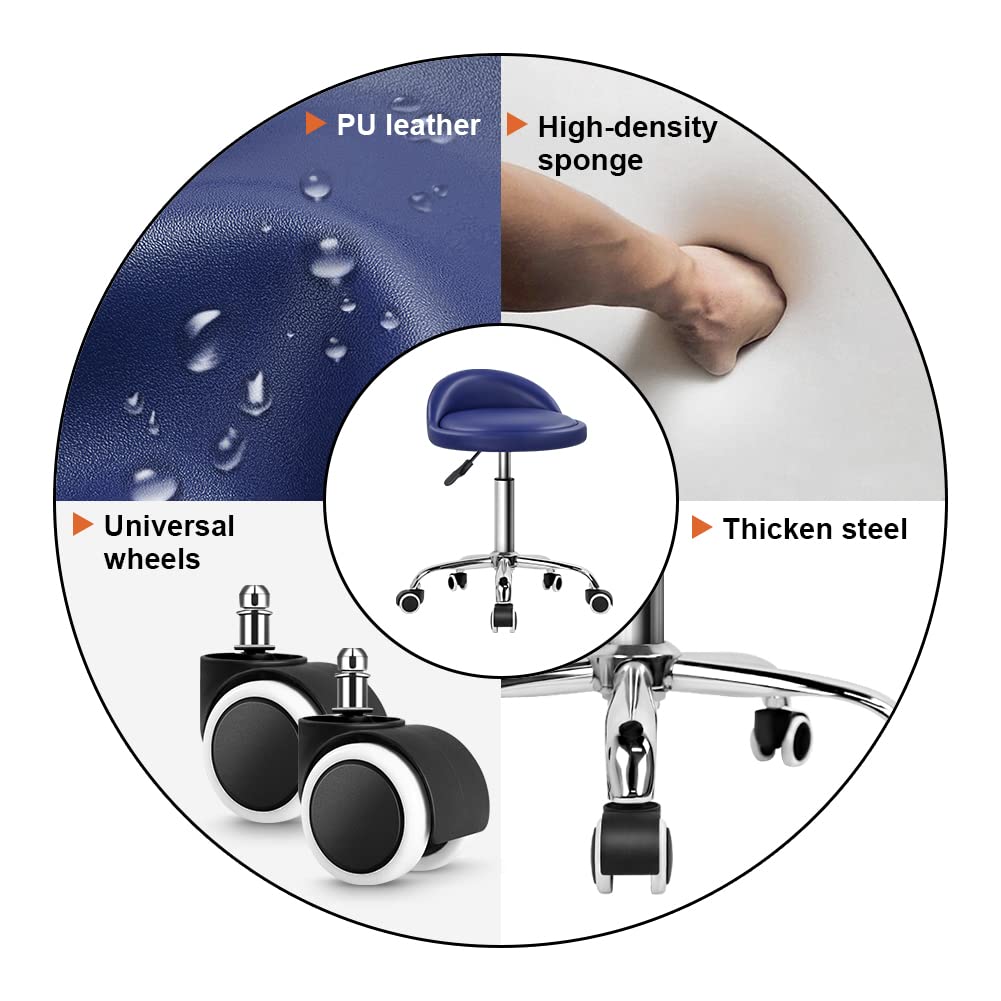 KKTONER Taburete de Cuero Artificial con Respaldo Giratorio Taburete con Ruedas Ajustable en Altura con Reposapiés para Pintar Tatuajes Masajes SPA Taburete de Trabajo para Taller (Azul)