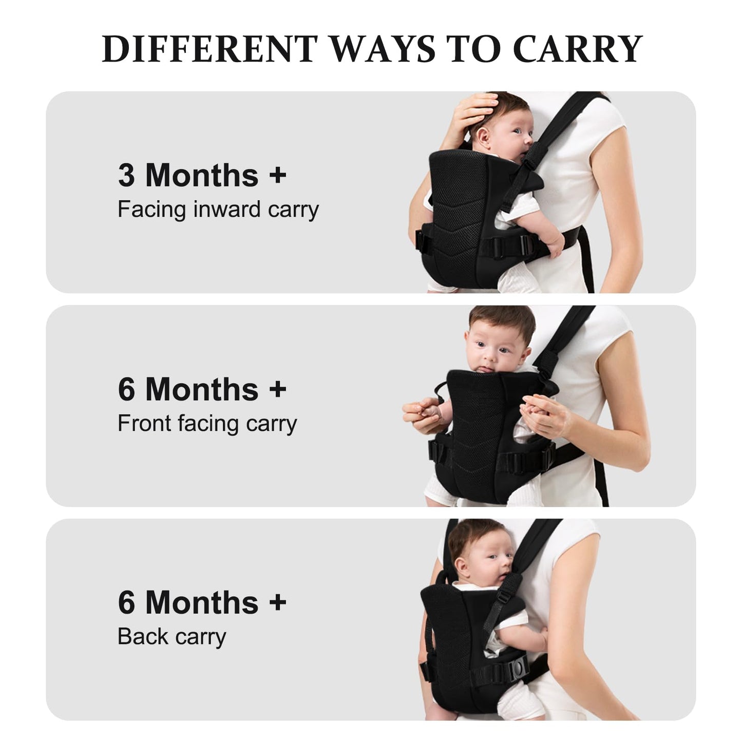 Ocanoiy - Portabebés transpirable, soporte de bebé ajustable, soporte ergonómico para bebés pequeños, orientado hacia adentro, hacia afuera y posiciones de transporte de espalda soportadas (negro)