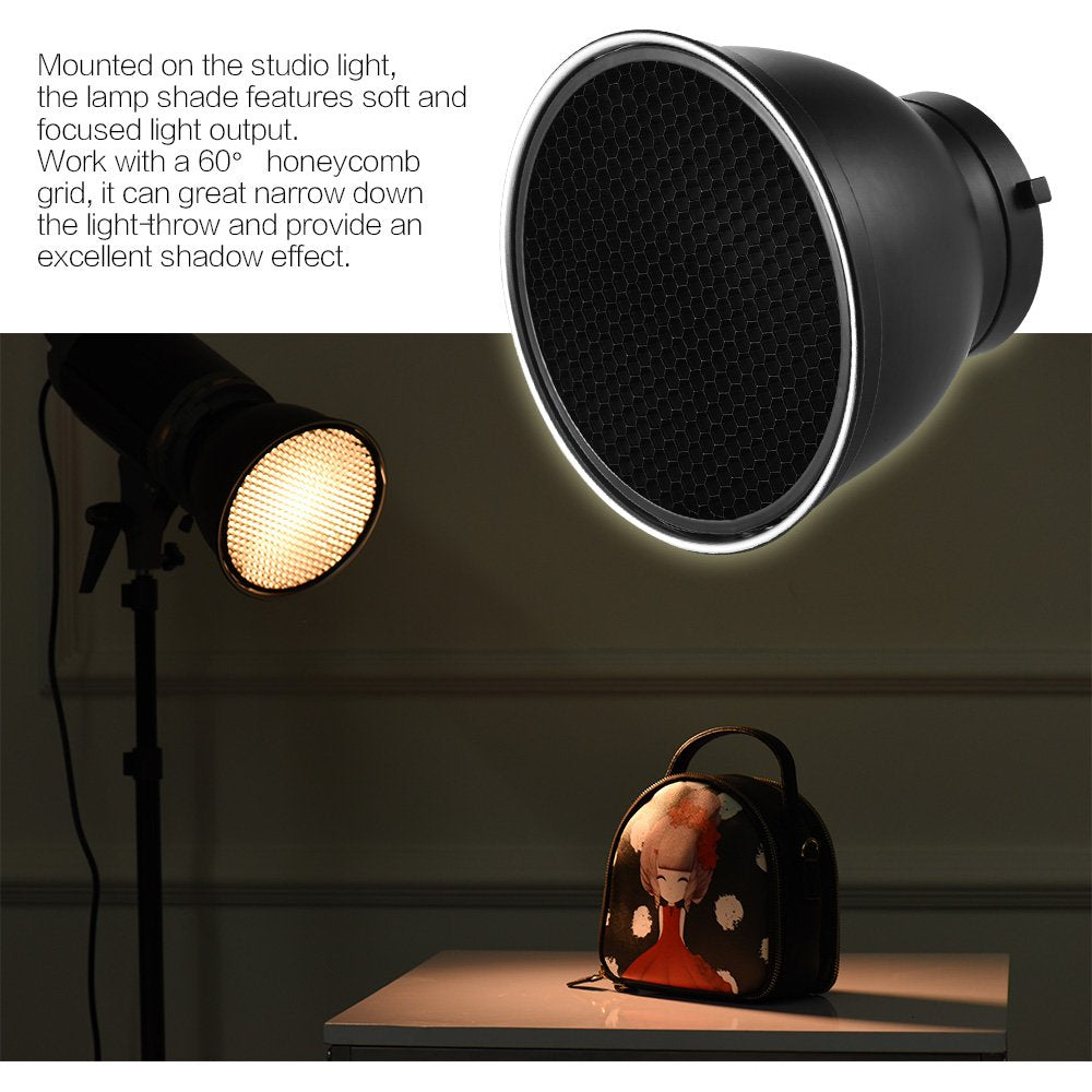 Andoer – 17,8 cm Reflector estándar Difusor Lámpara de techo, Plato con 60 ° Rejilla de panal para Bowens Studio Flash estroboscópico luz Speedlite