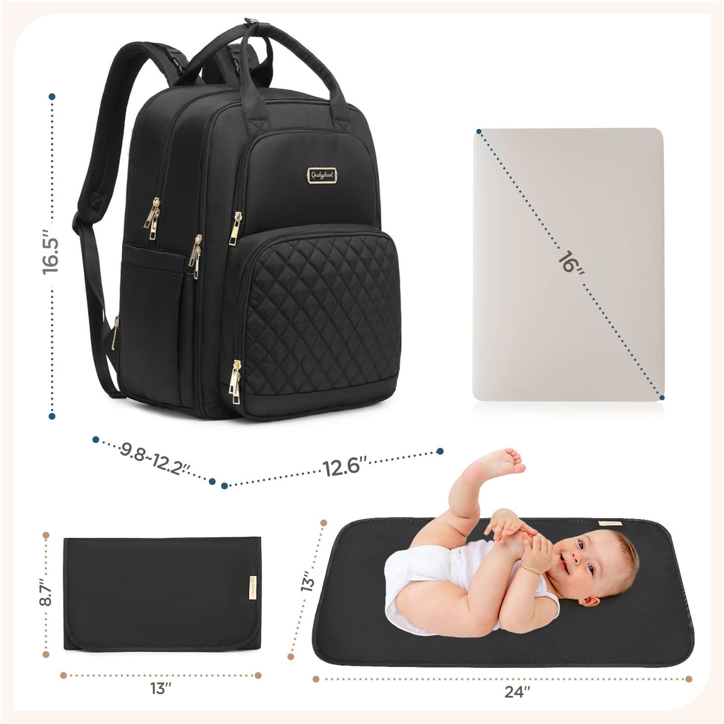 Qualyphant - Mochila de pañales extra grande para 2 niños gemelos (Expandible de 30-38L) - Mochila de viaje para bebé con cambiador para mamá o papá (Acolchada, resistente al agua, color negro)
