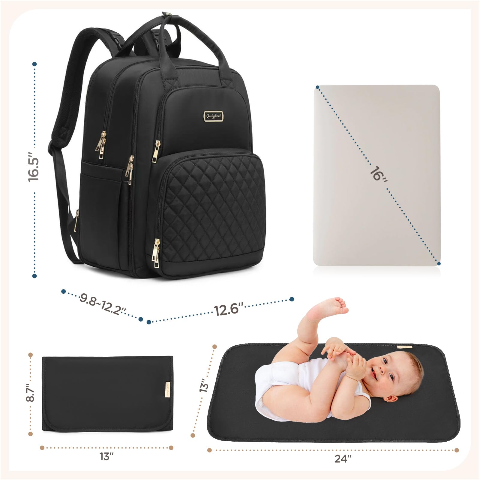 Qualyphant - Mochila de pañales extra grande para 2 niños gemelos (Expandible de 30-38L) - Mochila de viaje para bebé con cambiador para mamá o papá (Acolchada, resistente al agua, color negro)