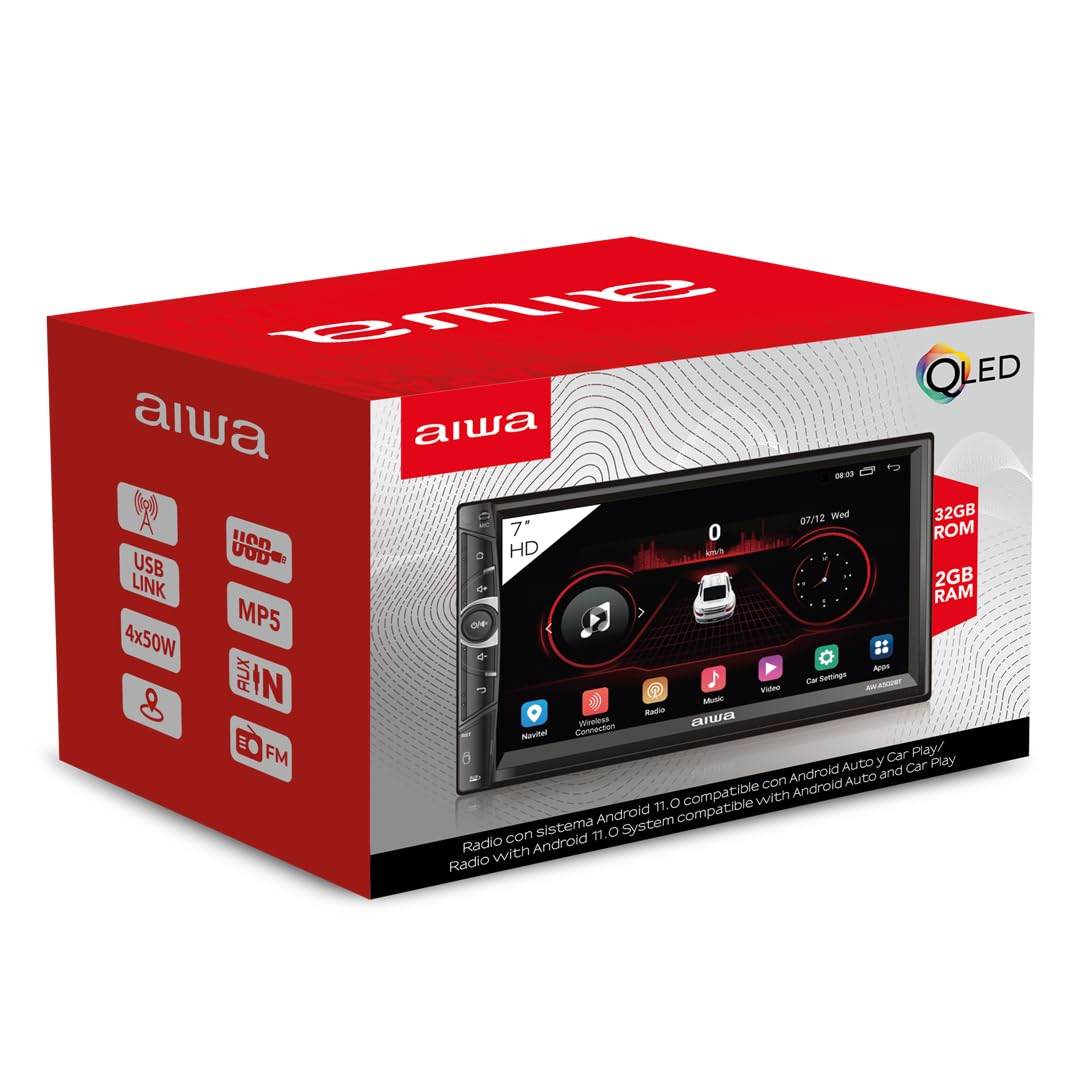 Aiwa Autoestéreo AW-A502BT 2DIN Pantalla QLED 7” HD Android 11 Bluetooth WiFi GPS USB AUX 4×50W Compatible con CarPlay Android Auto Navegación Inteligente