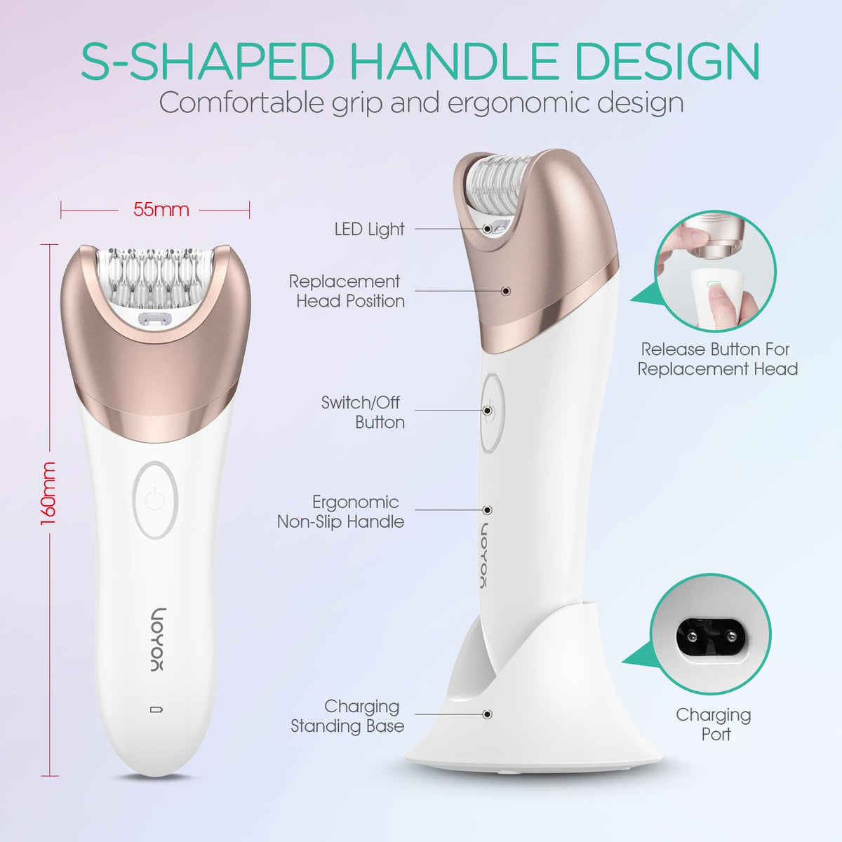 VOYOR Depiladora para Mujeres Inalámbrica y Recargable, Depiladora de Vello con 30 Pinzas, Depiladoras 3 en 1 con Afeitadora Eléctrica y Lima para Pies, Dispositivo de Depilación para Brazo y Pierna