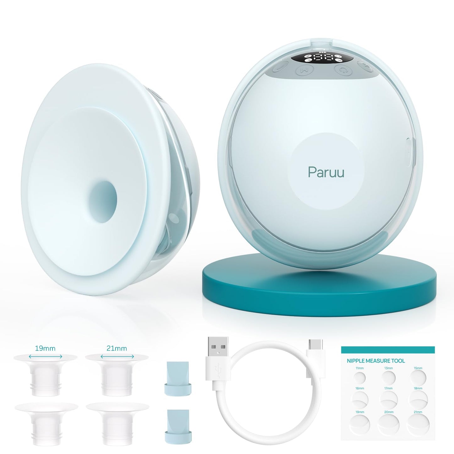 Paruu P20 Extractor de leche eléctrico manos libres, 4 modos y 12 niveles de succión con brida/inserto de doble sello de 19/21/24 mm, portátil y para usar con ropa, diseño visual del tiempo y volumen