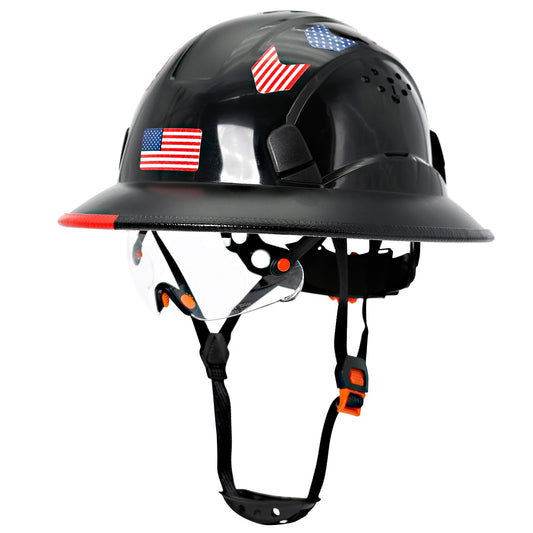Cascos duros de borde completo con visera de construcción aprobados por OSHA - Cascos duros ventilados para hombres, Casco duro negro con correa para la barbilla, seguridad negro con visera tintada