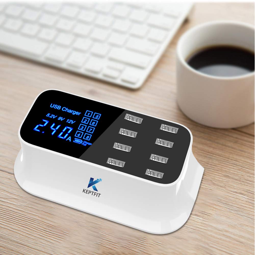 Keptfit, Cargador USB Múltiple, con 8 Puertos, Blanco