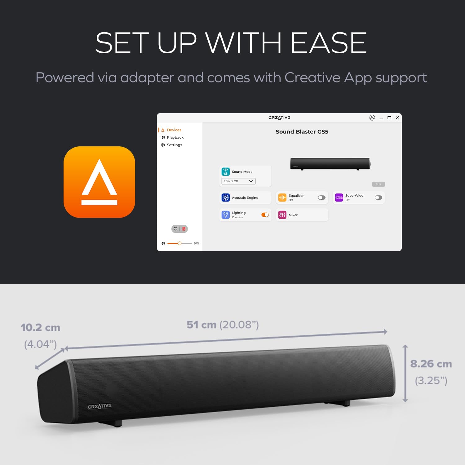 Sound Blaster GS3 - Barra de sonido compacta para juegos RGB con tecnología SuperWide y alimentada a través de USB, Bluetooth 5.4, puerto de salida de auriculares, para PC y Mac (GS5 (negro))