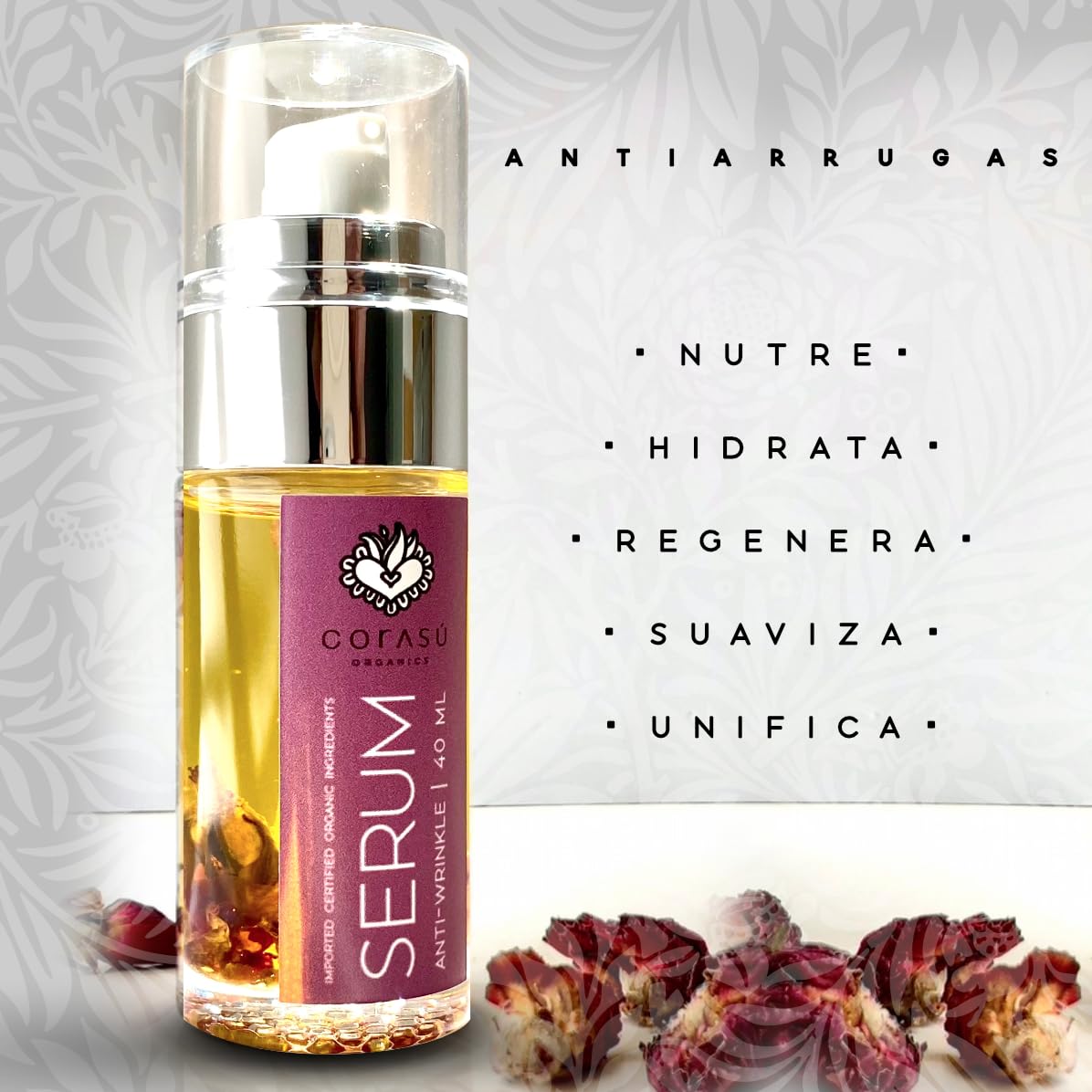 CORASÚ SÉRUM facial antiarrugas 40ml | 100% NATURAL | ORGÁNICO | Con rosa mosqueta, helicriso (la flor de la eterna juventud) y extractos vegetales antioxidantes y regenerantes | NO deja sensación grasosa | Piel SEDOSA y RADIANTE | NUTRE. REGENERA. SUAVIZ
