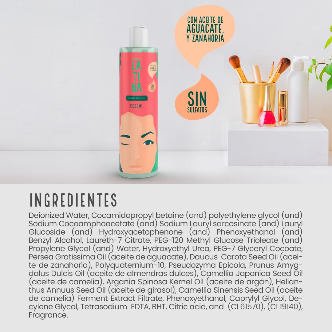 LATINA® | Shampoo Antifrizz - Sin Sulfatos y Parabenos - Anti Frizz Cabello | Belleza Mujer | Complementar con Tratamiento para Cabello Maltratado | 300ml