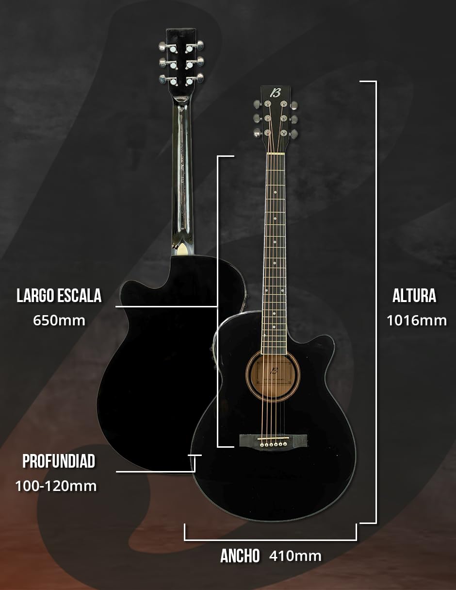 BAMBOO, Guitarra Electroacustica Negra Linden 40 - Incluye Funda - Guitarra Acustica con corte y equalizador para principiantes.