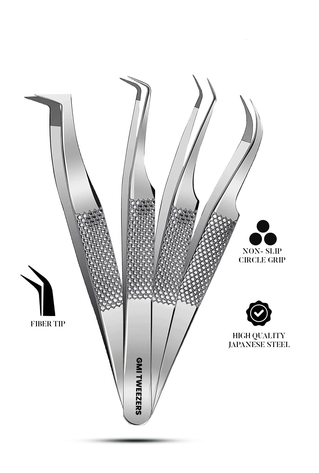 GMI Pinzas para pestañas – Paquete de 4 pinzas para extensión de pestañas de punta de fibra de acero inoxidable