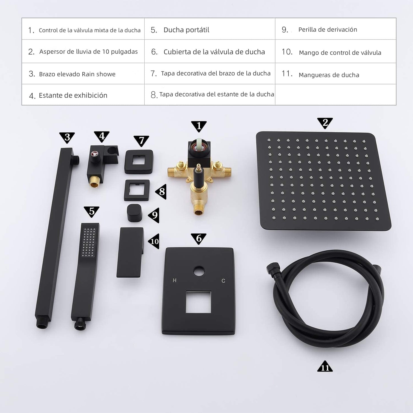 KUNEM Grifos Ducha Empotrados Set - Dos funciones Grifos regaderas para baño, Cabezal Ducha de Lluvia de Alta Presión Cuadrada de 10 Pulgadas y Rociador Ducha de mano, Incluida Válvula Empotrada Kit.