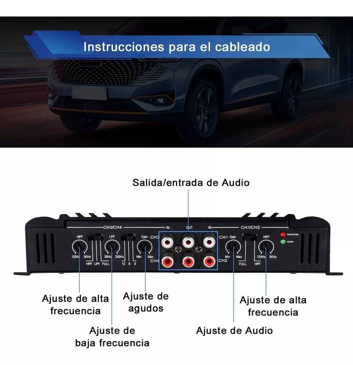Amplificador de Audio para Auto SK790 2 Ohm 120W x 4 Canales Clase A/B para Coche y Motocicleta