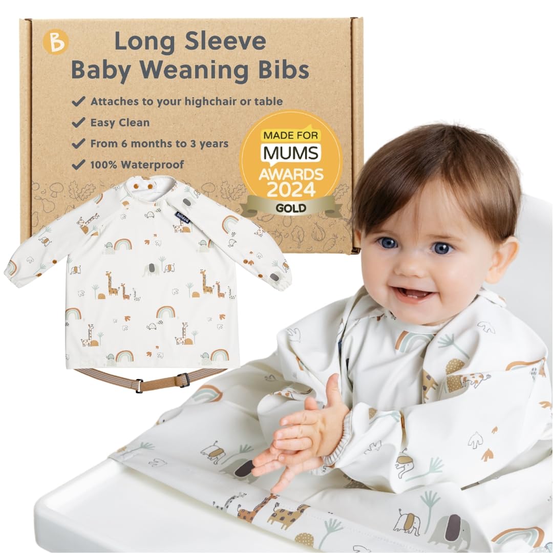 Bibado Baberos para bebé con mangas – Babero de destete LED para niños pequeños y bebés, 6-36 meses, se fija a sillas altas, cochecitos, mesas, Serengeti Spaghetti, One Size