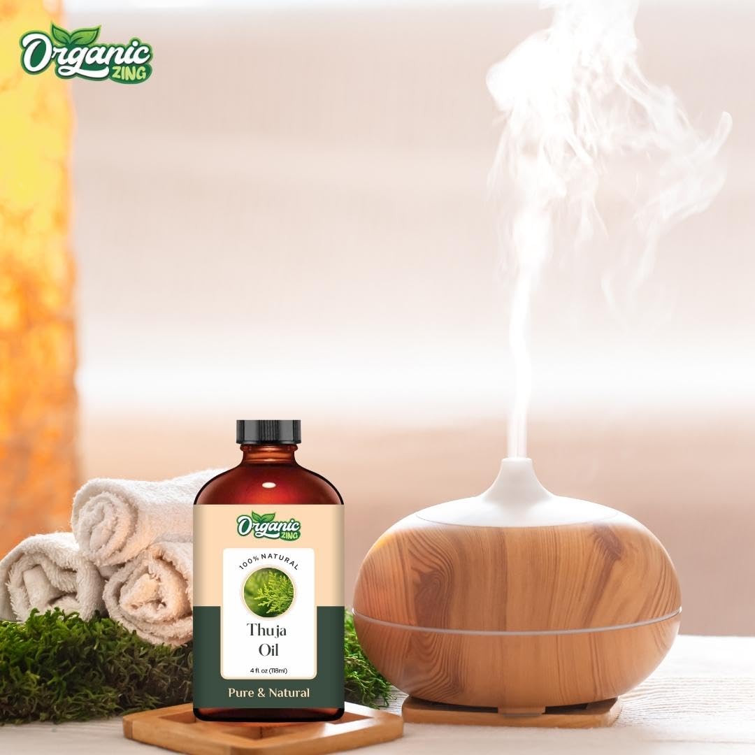 Organic Zing Thuja (Thuja occidentalis L.) Essential Oil Pure & Natural for Skin, Face, Hair Care, Aromatherapy, Diffuser, Conditioner- 118ml/3.99fl oz