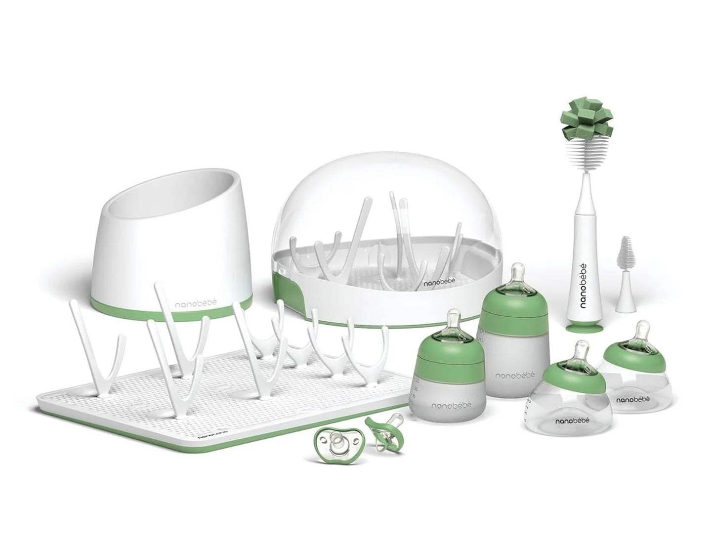 Nanobébé Set Definitivo de Alimentación para Recién Nacido, Verde Sage, 19 Piezas con Biberones Anticólicos, Esterilizador, Chupetes y Accesorios de Limpieza