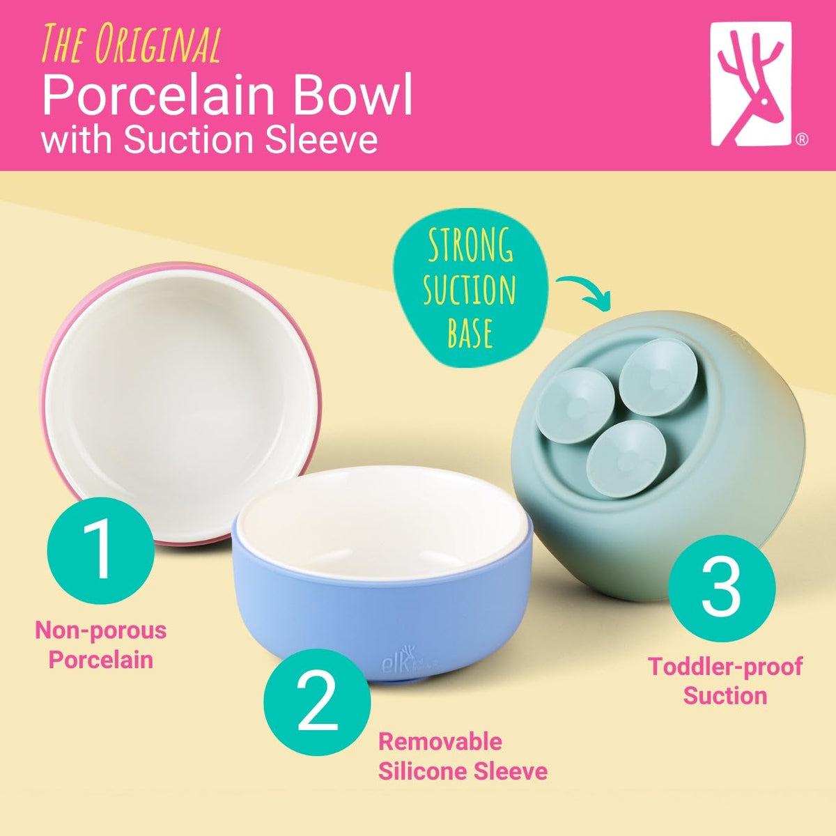 Elk and Friends Tazas de porcelana para niños con mangas de succión de silicona | Adecuadas para bebés/niños pequeños | Apto para microondas y lavavajillas | Vajilla que se queda en su lugar | Tazas