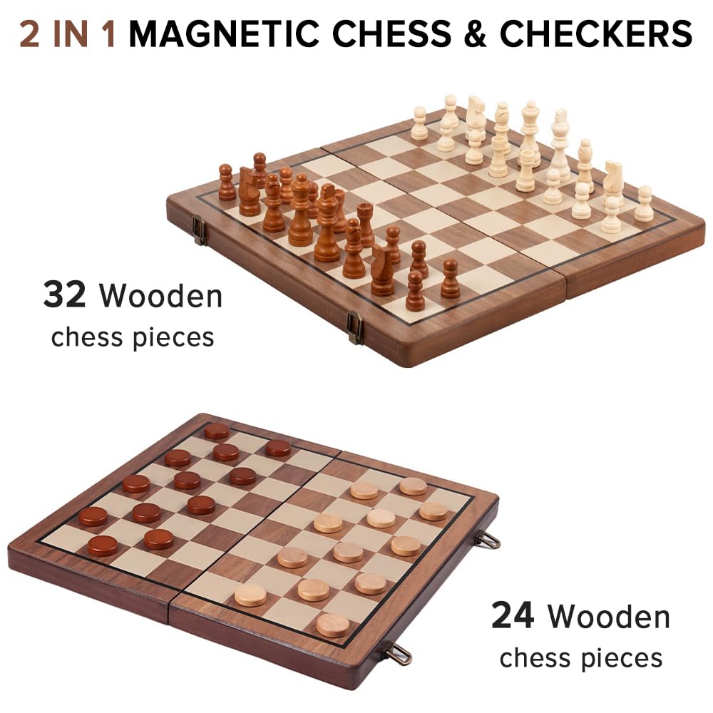 Chess Sets,Juegos de ajedrez,Yakiter 2 en 1 Juego de ajedrez magnético y juego de tablero de damas de 15 pulgadas,con 2 reinas extra,Juego de tablero de ajedrez para principiantes para adultos y niños
