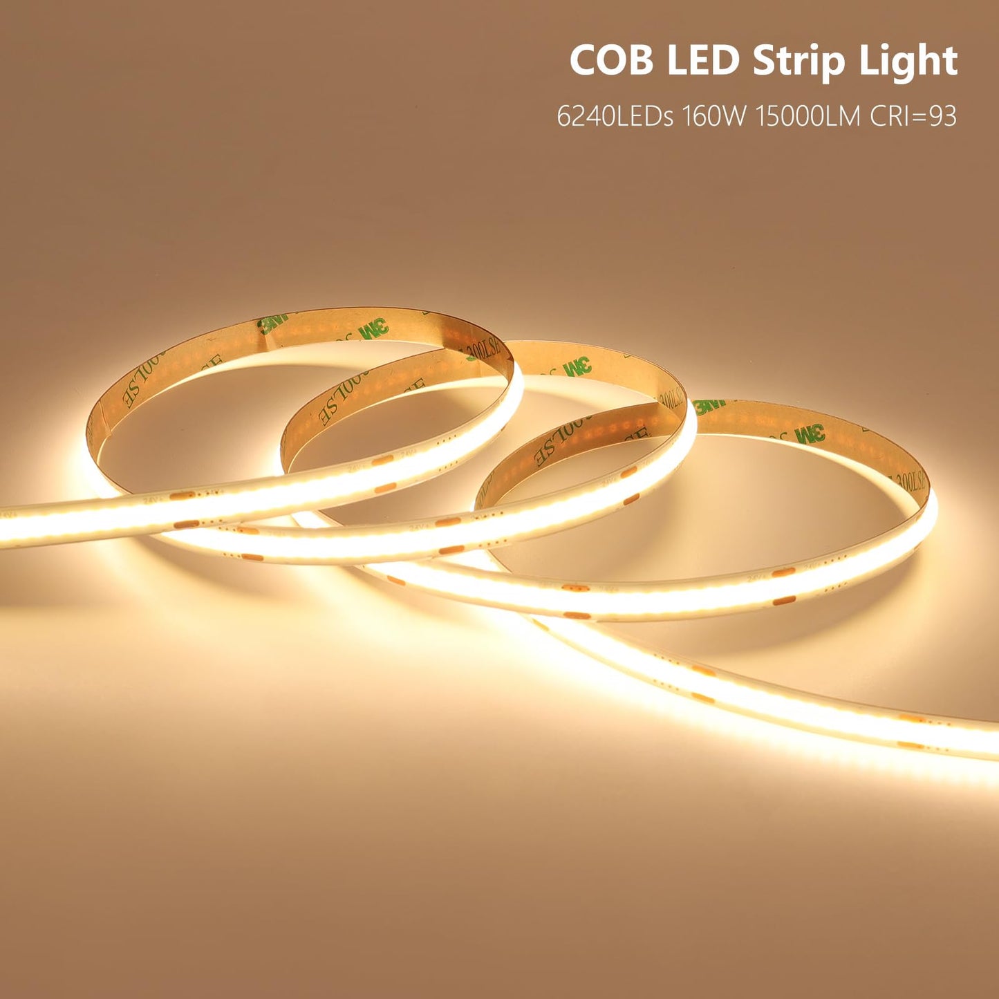 BENLUN Tira LED COB 24V 20 Metros (10 Metros x 2), 3000K Blanco Cálido Luces LED de Interior, 11W/M CRI 93 Luz de LED Adhesiva con Transformador para Habitacion, Techo, Cocina, Gaming