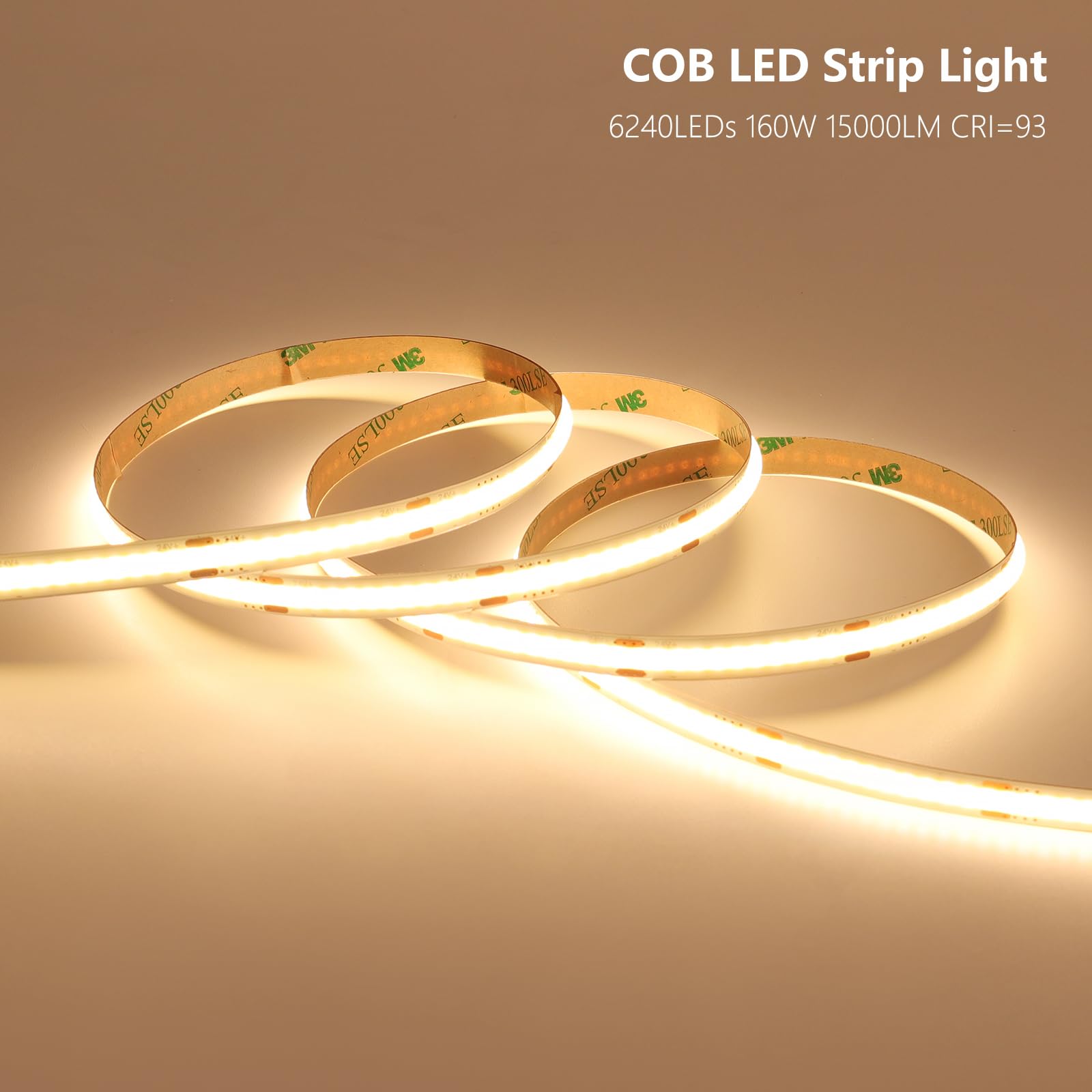 BENLUN Tira LED COB 24V 20 Metros (10 Metros x 2), 3000K Blanco Cálido Luces LED de Interior, 11W/M CRI 93 Luz de LED Adhesiva con Transformador para Habitacion, Techo, Cocina, Gaming