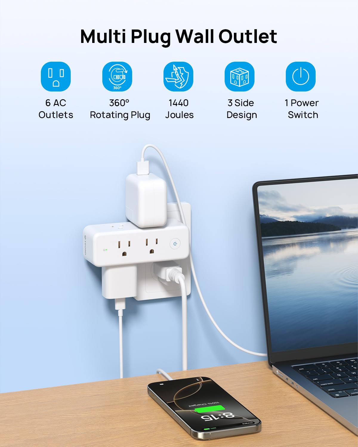 TROND Extensor de Salida Protector de sobretensiones con Enchufe Giratorio, Tira de alimentación giratoria de 3 Lados, Divisor de 6 Salidas de CA, Adaptador de Enchufe de Pared Giratorio de 3 Lados