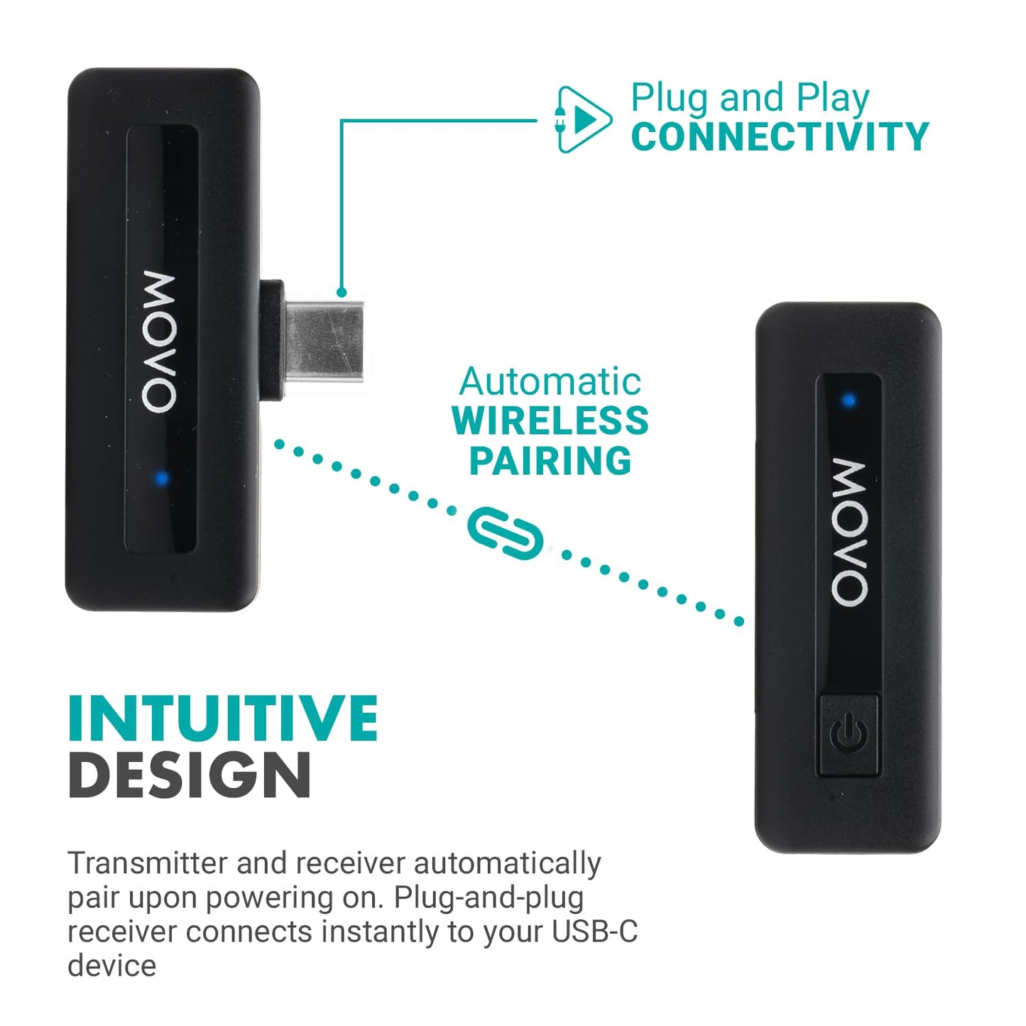 Micrófono Inalámbrico USB-C Movo Negro con Batería de 10 Horas y Alcance de 165 Pies Compatible con iPhone 15/16 Pro Max