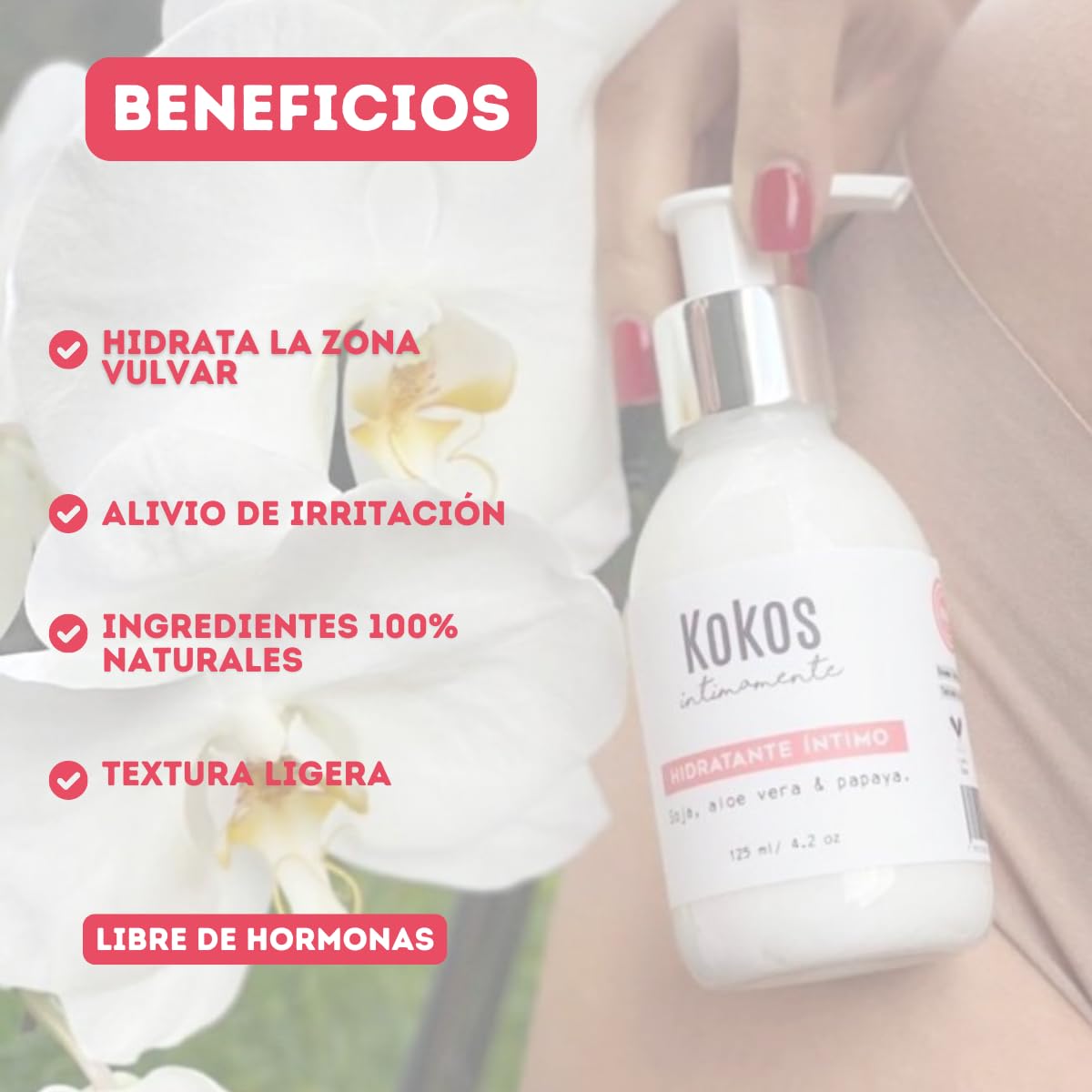 KOKOS Organic, Hidratante Vaginal, Alivia resequedad y sensibilidad en la zona íntima, Protege la zona vulvar, No contiene químicos, Contenido 120 ml.