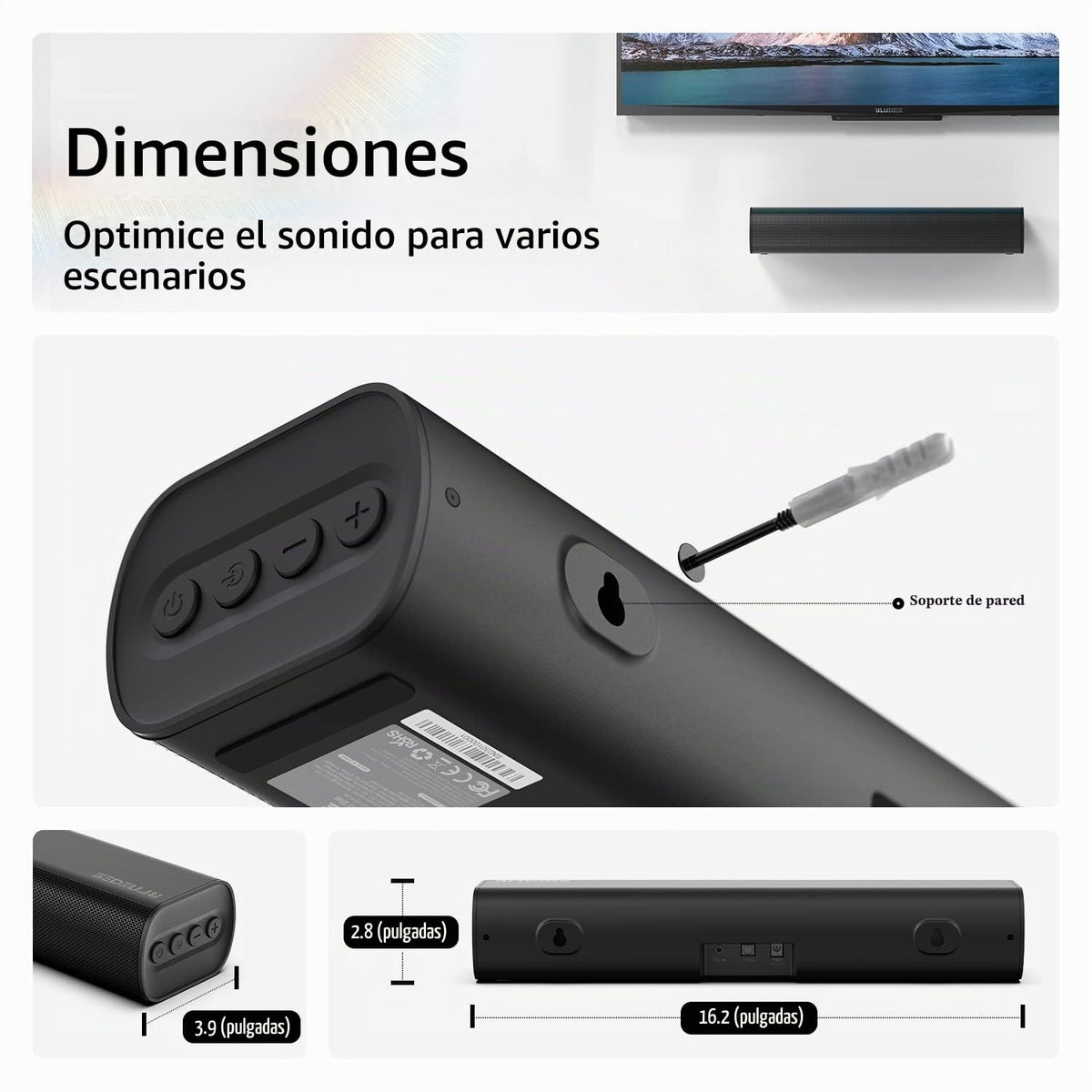 Barra de Sonido Cinematográfica con Bluetooth y Graves Impactantes para TV de 16 Pulgadas con Control Remoto y Montaje en Pared