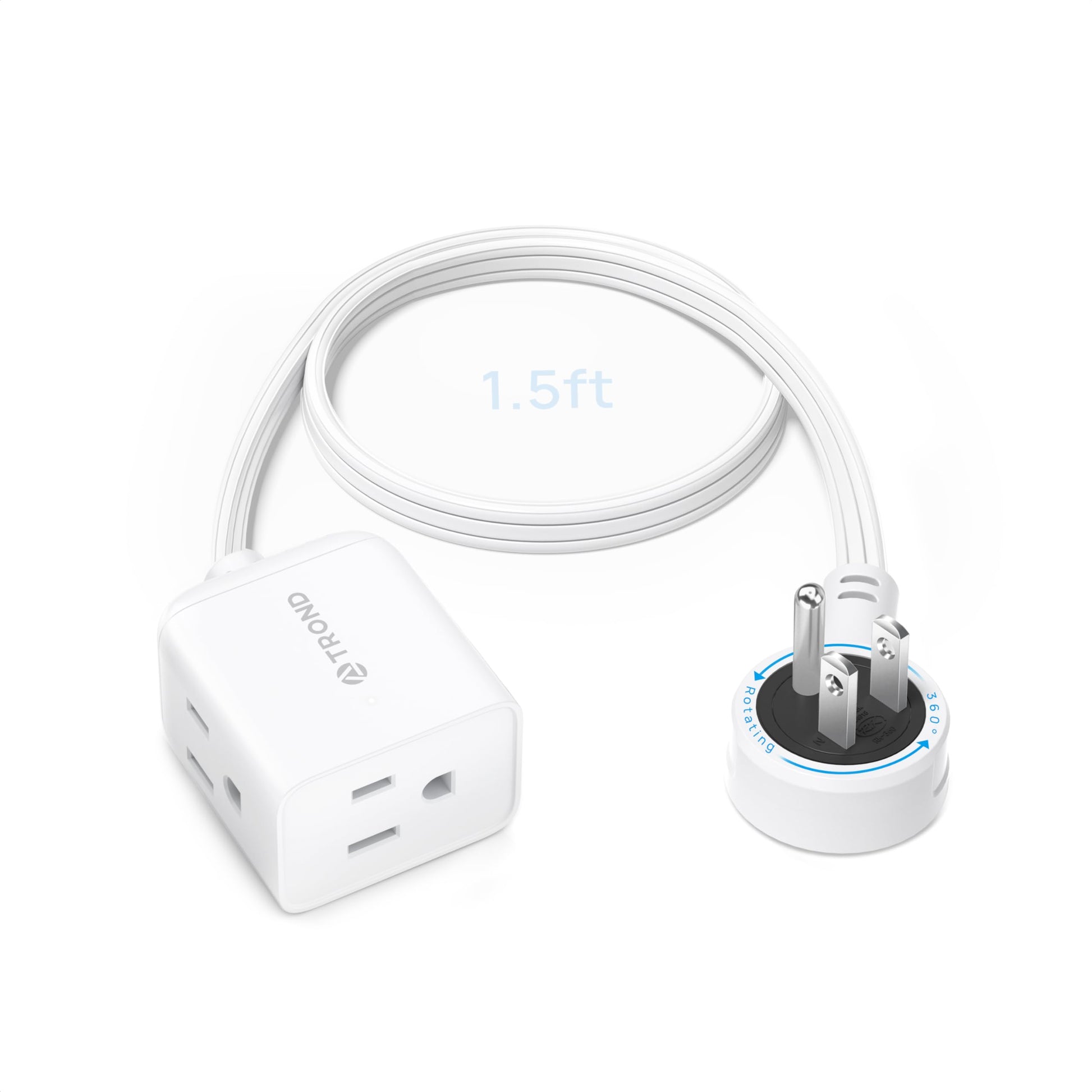 TROND Cable de Extensión 1.5 Pies - Enchufe Plano Giratorio 360°, 3 Tomas con Tierra, 13A, Cable SPT 16/3 AWG, Ideal para Hogar, Oficina, Cruceros y Viajes, Blanco.