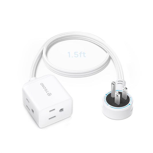 TROND Cable de Extensión 1.5 Pies - Enchufe Plano Giratorio 360°, 3 Tomas con Tierra, 13A, Cable SPT 16/3 AWG, Ideal para Hogar, Oficina, Cruceros y Viajes, Blanco.