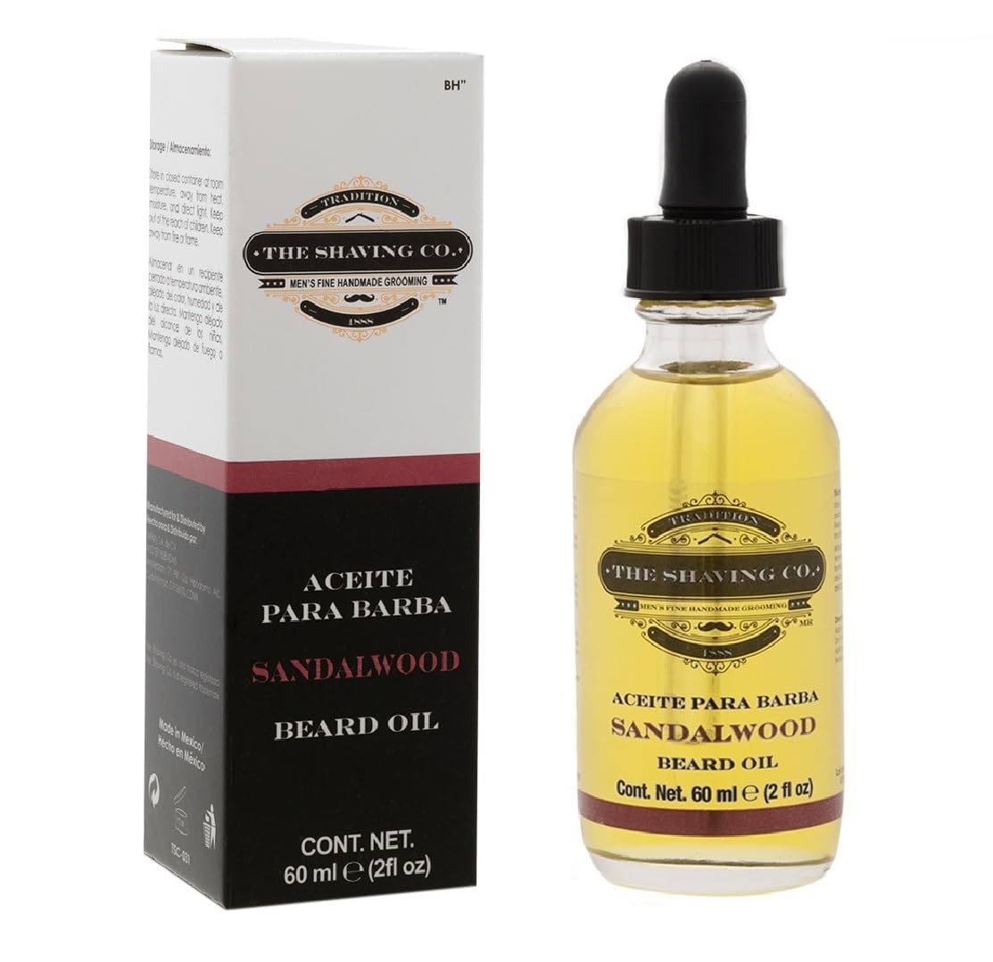 THE SHAVING CO. Aceite para Barba Sandalo (Sandalwood) 60ml/2oz. Nutre, Humecta e Hidrata tu Barba desde la raíz. Hecho especialmente a mano con ingredientes Premium 100% naturales, No contiene alcohol. Libre de Sulfatos y Libre de Parabenos. SANDALWOOD B