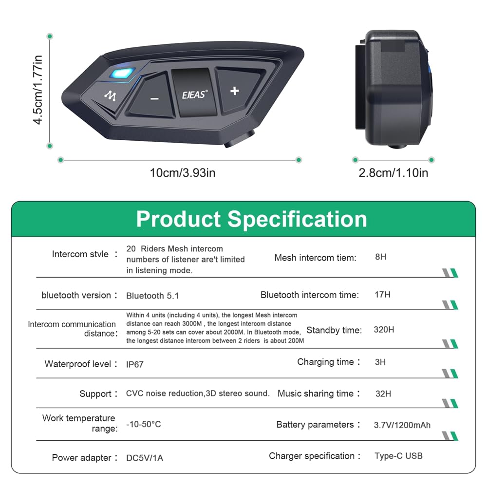 Intercomunicador Bluetooth iSunergy MS20 2000m Auricular Universal para Motocicleta