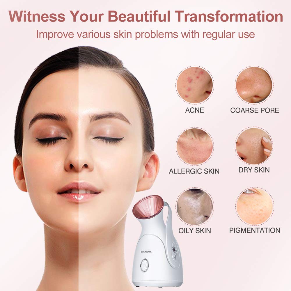Amconsure - Vaporizador facial nano iónico para el hogar, humidificador facial cálido para mujeres, vaporizador facial hidratante para spa, desatasca los poros, kit de 5 piezas de piel de acero inoxidable y 2 estropajos faciales de silicona