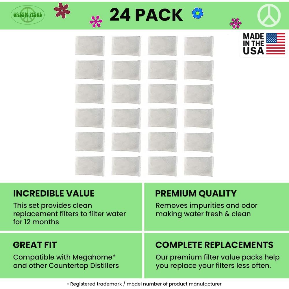 Green Piece® - Paquete de 24 filtros de destilador hechos de carbón activado. Funciona muy bien para Megahome y muchos otros destiladores de encimera, fabricado en Estados Unidos