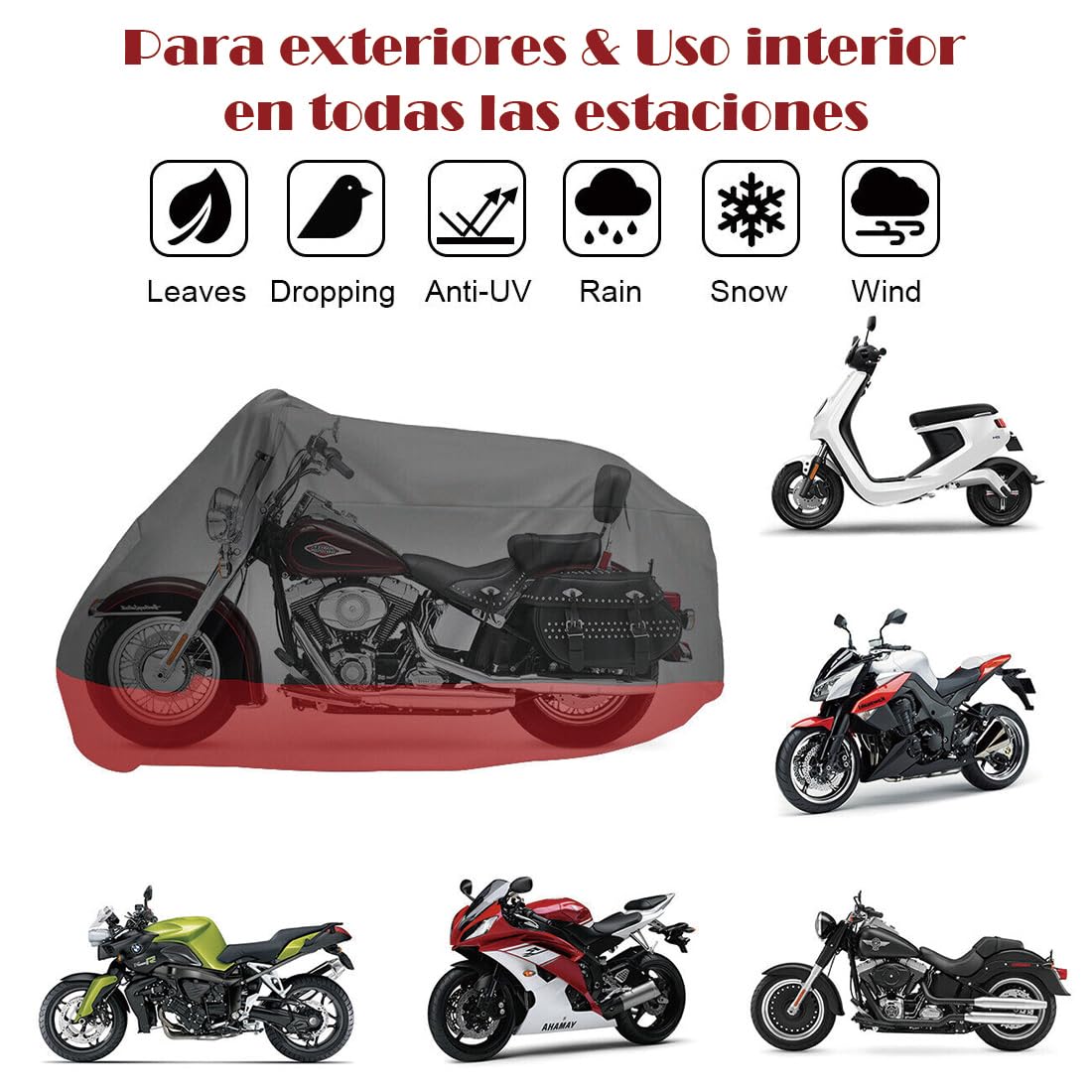 Cubierta Protector para Moto Protección contra Polvo/Lluvia,190T Tela Oxford Funda Moto Impermeable,Es adecuado para la mayoría de las motocicletas,por ejemplo,Harley,Honda (CHEZAO-B-Black and Red)