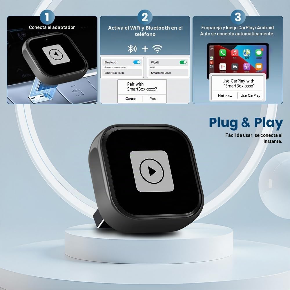Adaptador Inalámbrico Mini Pyniro Blanco 2 en 1 CarPlay y Android Auto Plug & Play para iOS 10+ y Android 11+