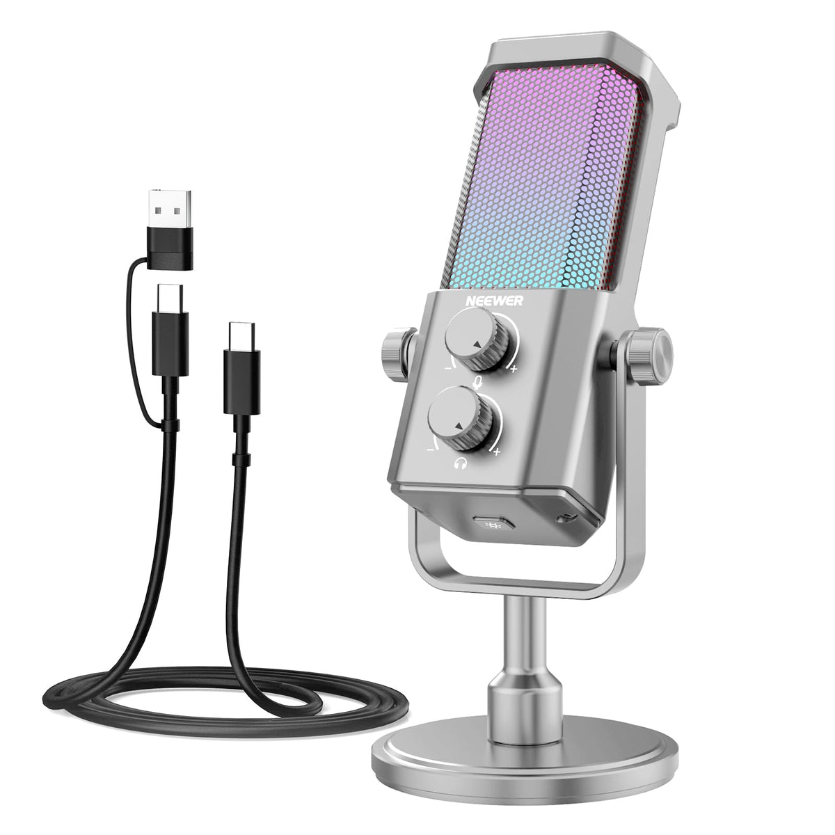Micrófono USB NEEWER UM01 Plata Cancelación de Ruido RGB para Podcasting