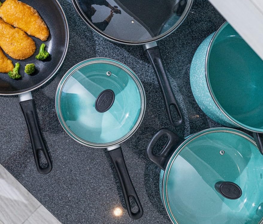 Cinsa Batería de cocina Granito Jade Menta 15 piezas, peltre pesado con antiadherente, tapas de vidrio templado, Jade Menta (15 piezas)