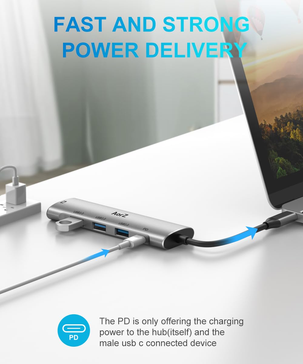 Hub USB C, adaptador multipuerto USB C 4K a 60Hz AorZ 5 en 1 adaptador USBC a HDMI con 1 salida HDMI 4K, 3 puertos USB 3.0, 1 PD, adaptador para MacBook, cubierta de vapor y la mayoría de dispositivos