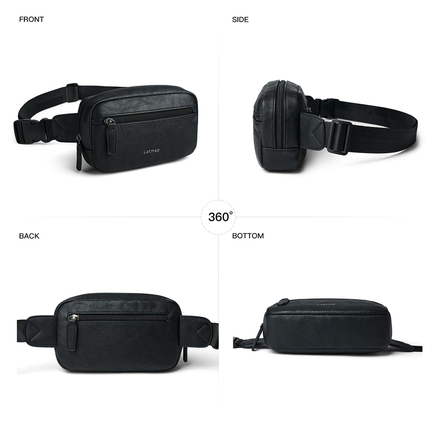 LATMAP - Riñonera de 2 L para todas partes, pequeña y a la moda, bandolera de piel sintética, impermeable, para mujer, a la moda, Negro -, Pequeño, Moda casual