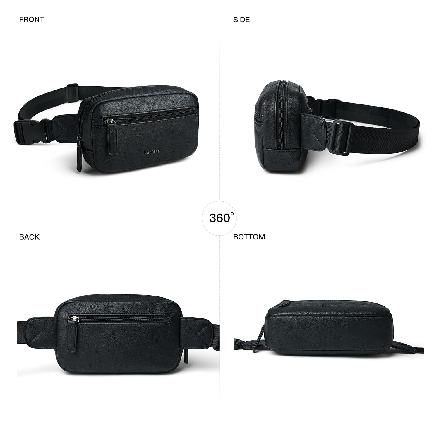 LATMAP - Riñonera de 2 L para todas partes, pequeña y a la moda, bandolera de piel sintética, impermeable, para mujer, a la moda, Negro -, Pequeño, Moda casual