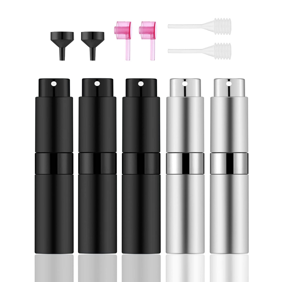 Lil Ray - Botella atomizadora recargable de viaje de 8 ml (5 piezas) mini pulverizador portátil para colonia (3 negro mate y 2 platas)