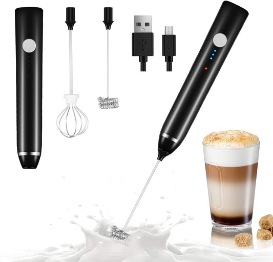Dallfoll - Espumador de Leche de Mano,Recargable por USB, Máquina de Espuma Eléctrica para Café,3 Velocidades,2 Batidores,Mini Espumadora Mezcladora,Frappe Latte Cappuccino Chocolate Caliente,Negro