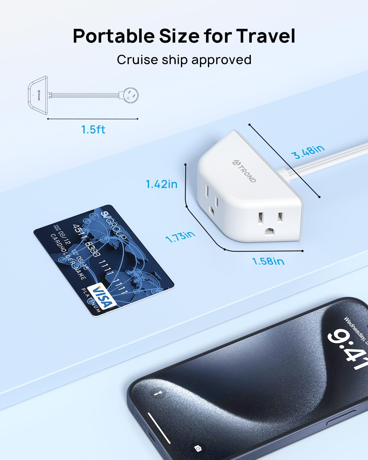 TROND Cable de extensión Plano Corto de 0,5m, regleta de Enchufe Plano de 3 Clavijas con conexión a Tierra y 3 Salidas, 1625 W, Cable de alimentación 13A Calibre 16 para Travel Cruise Essentials