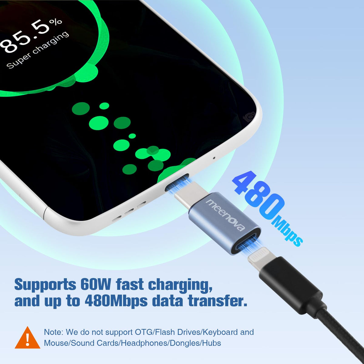 Adaptador Lightning a USB C Paquete de 2 Carga Rápida 60 W Compatible con iPhone iPad Galaxy