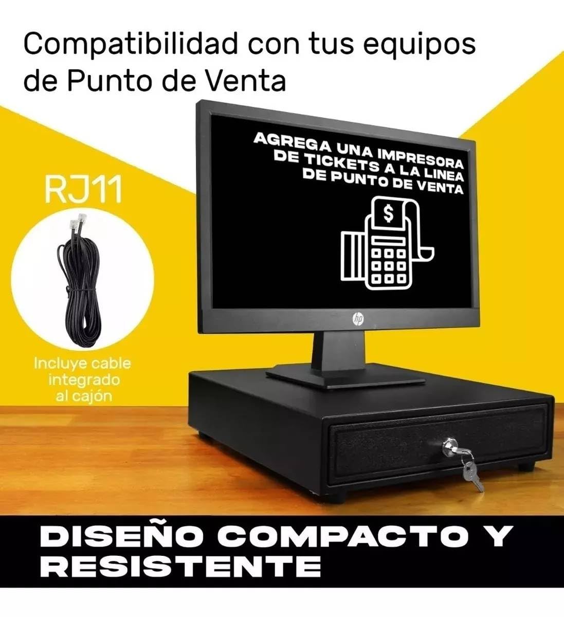 Cajon de Dinero Metalico Compartimento para 4 Billetes y 5 Monedas, Cable de Conexión RJ11 a Computadora o Impresora, Punto de Venta Caja Registradora
