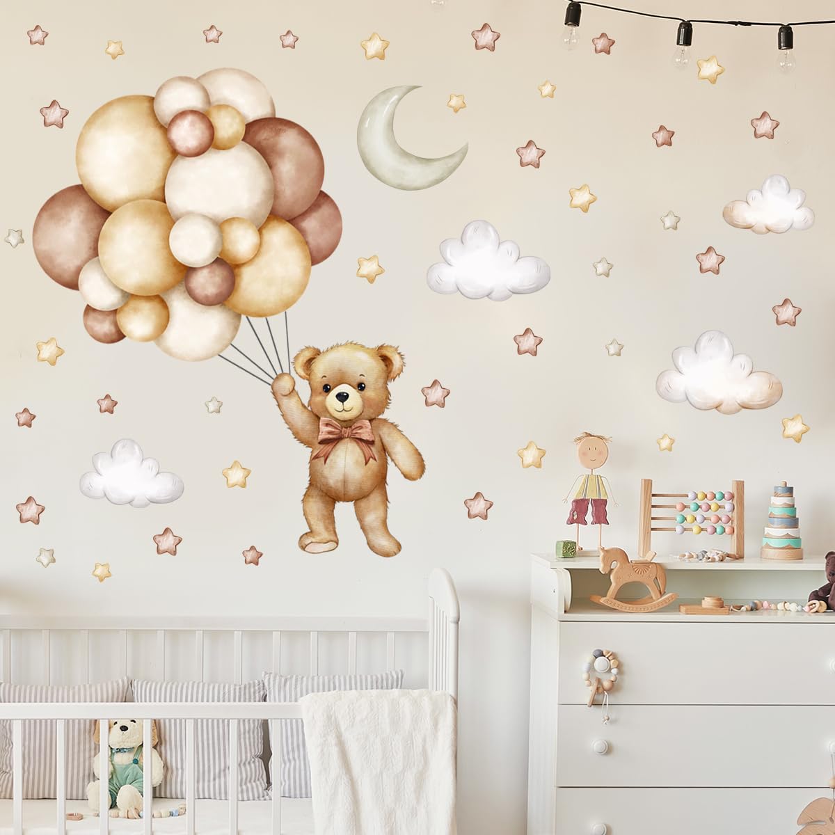 Calcomanías de pared de oso de peluche, globos de aire, estrella, luna, nube, pegatinas de pared para habitación de niños, niñas y niños, habitación de bebé, decoración de cuarto de bebé (calcomanía