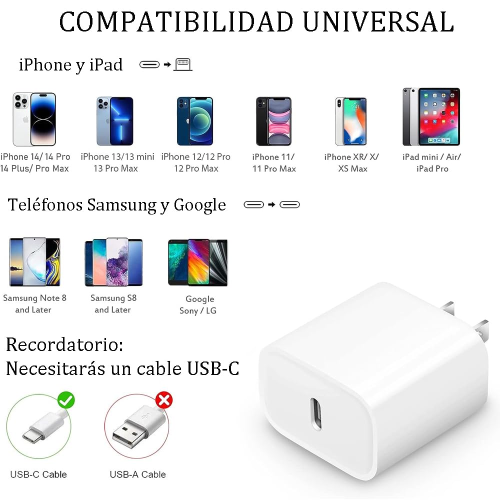 JESWO 20W Cargador USB C, Cargador rápido, Compatible con iPhone 15/15 Pro/15 Pro Max/15 Plus, Huawei, teléfonos Android y Productos con Cable de Carga de Puerto C