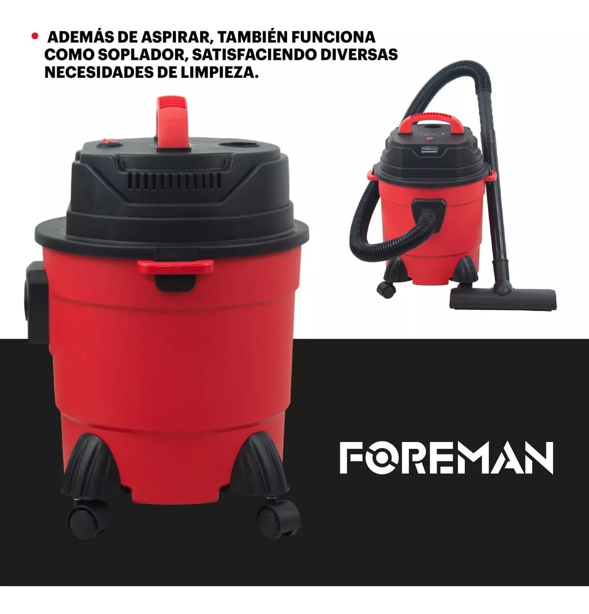 Foreman Aspiradora De Mano Industrial Capacidad 15L Sólidos y Líquidos Aspiradora Portátil para Auto | 1500W | Seco y Húmedo y Accesorios | Rojo