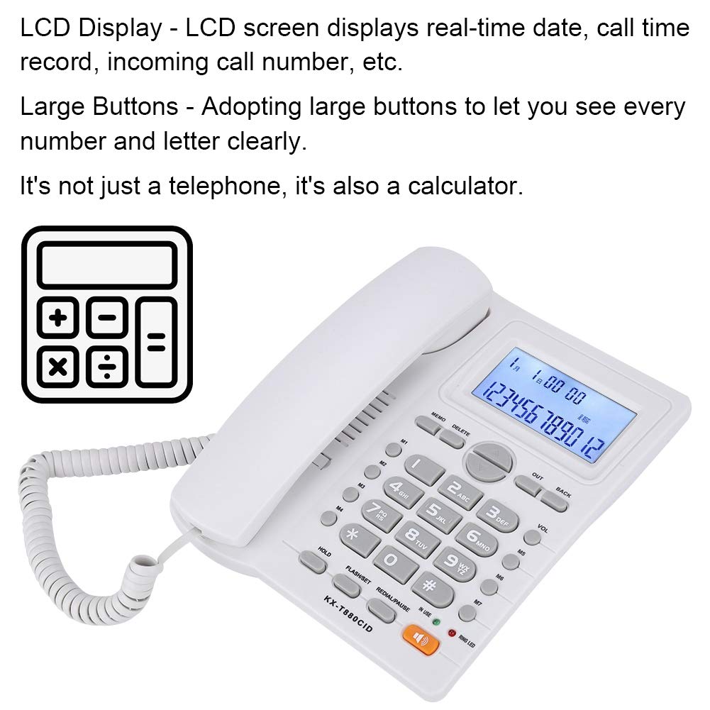 Wendry Teléfono con Cable con Identificador de Llamadas, Teléfono con Pantalal LCD, Teléfono con de Extensión de Doble Puerto, Teléfono con Cable y Altavoz(Blanco)
